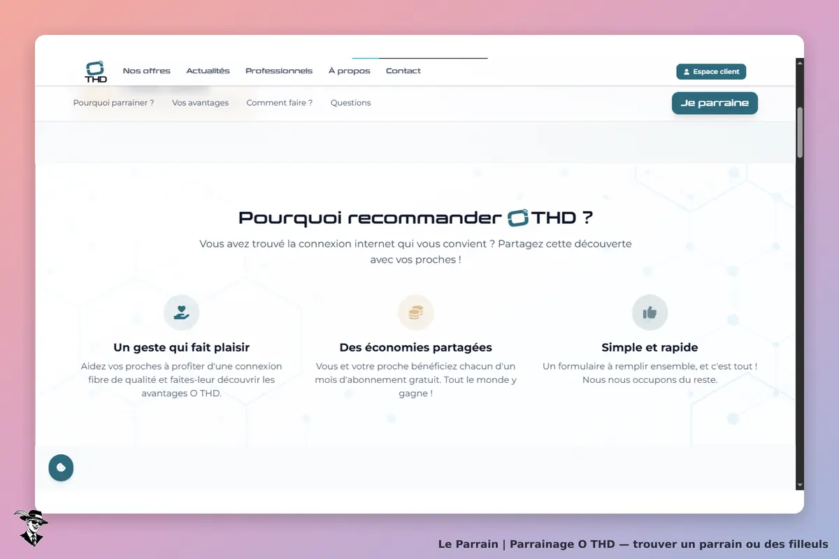 O THD : page d'accueil avec des avantages de parrainage et un formulaire à remplir ensemble