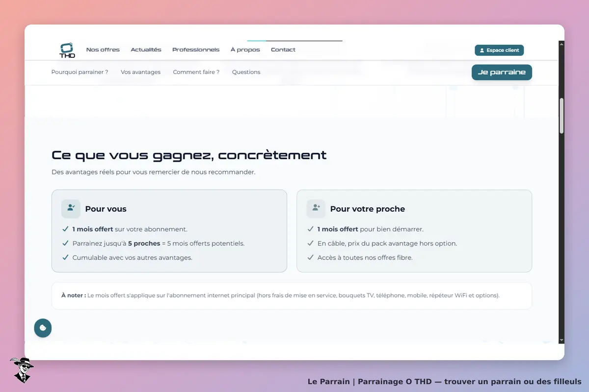O THD : page présentant les avantages du parrainage pour le client et ses proches