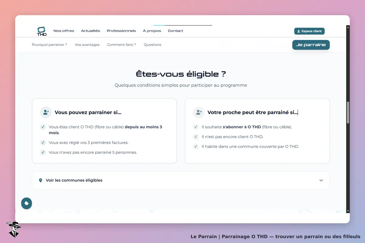 O THD : conditions d'éligibilité pour le programme de parrainage affichées sur la page d'accueil