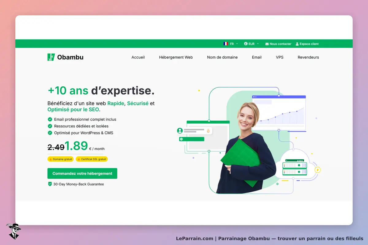 Obambu : page d'accueil avec une femme souriante et des éléments graphiques sur l'hébergement web