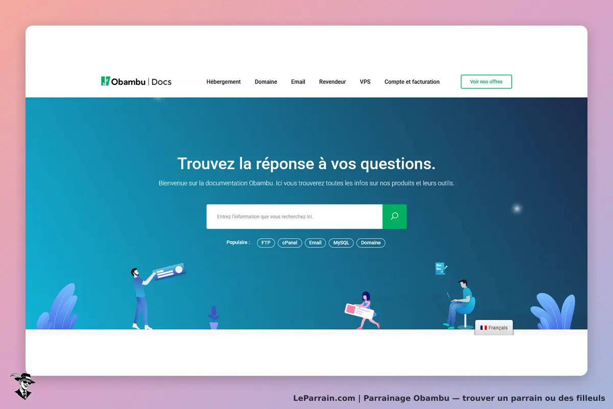 Obambu : page d'accueil avec un moteur de recherche et des illustrations de personnages