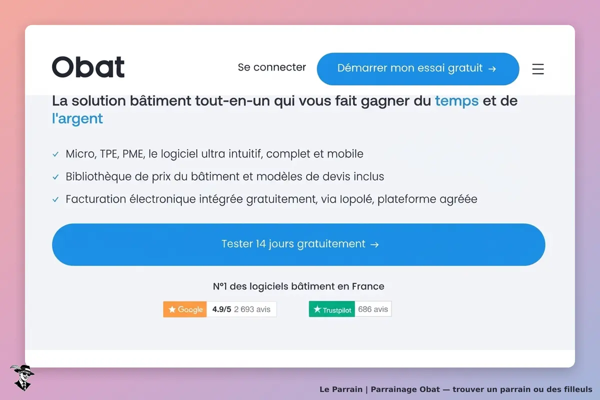 Obat : page d'accueil présentant un logiciel de bâtiment avec boutons et avis clients