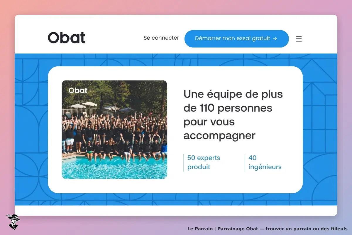 Obat : page d'accueil avec une photo d'équipe et un message sur l'accompagnement proposé