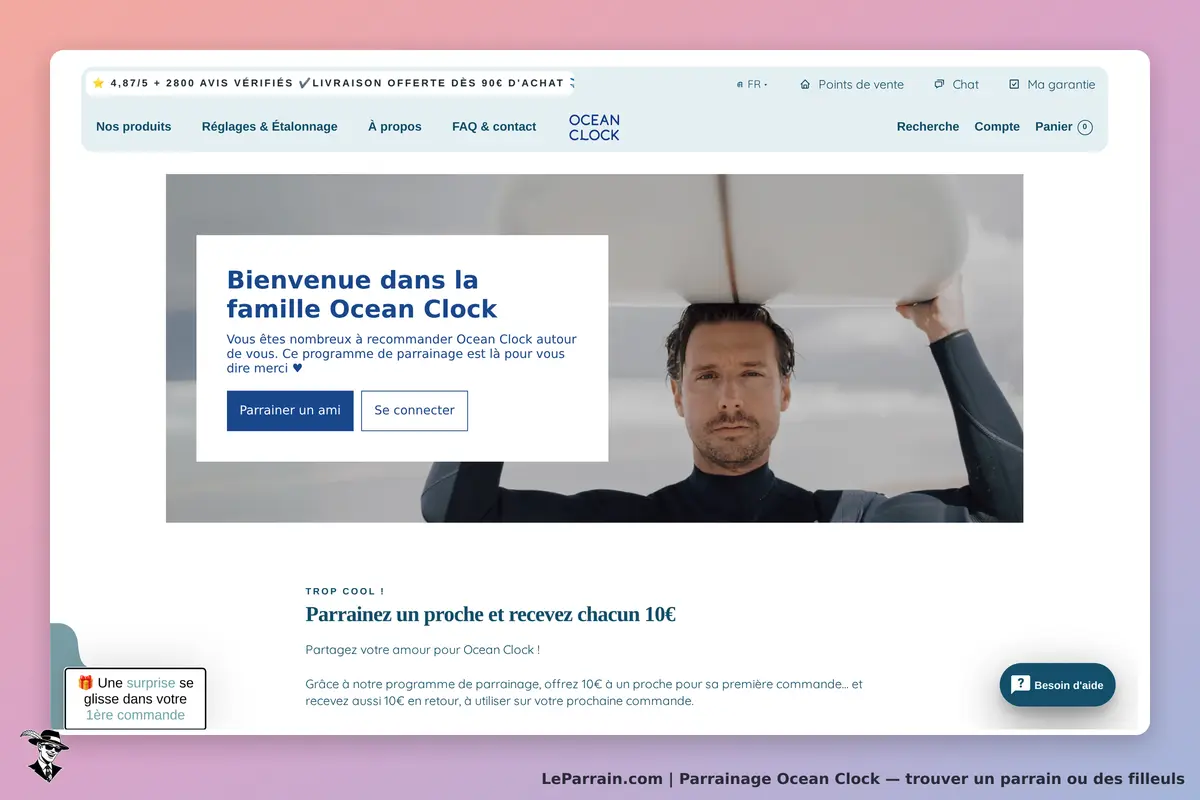 Page d'accueil d'Ocean Clock avec un programme de parrainage attractif.