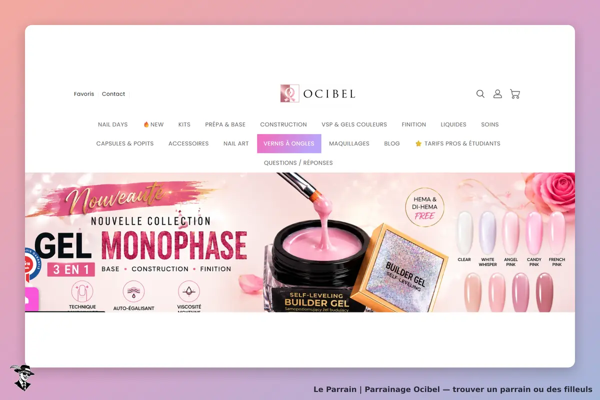 Ocibel : page d'accueil avec gel à ongles et teintes de vernis présentées