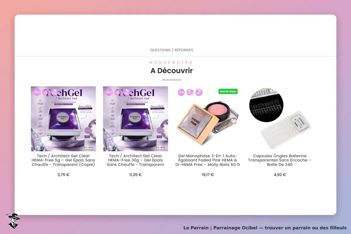 Ocibel : page d'accueil avec des produits de gel pour ongles et leur présentation