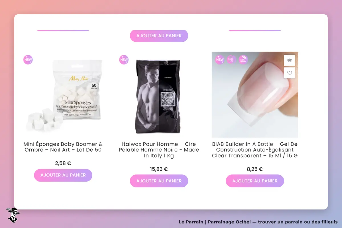 Ocibel : produits de nail art avec échantillons, cire et gel de construction affichés