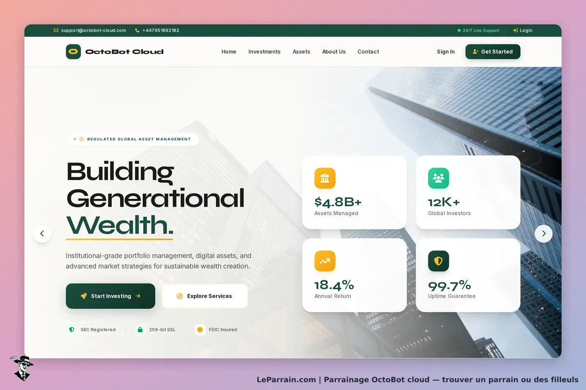 OctoBot Cloud : page d'accueil présentant des statistiques et options de services d'investissement