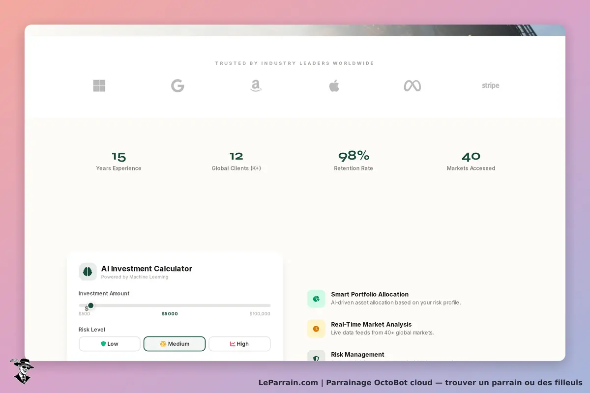 OctoBot cloud : page d'accueil présentant des statistiques et un calculateur d'investissement