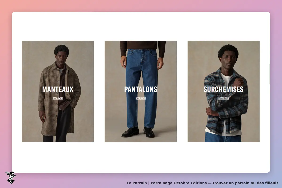 Octobre Editions : trois vêtements affichés, manteaux, pantalons et surchemises, avec modèles