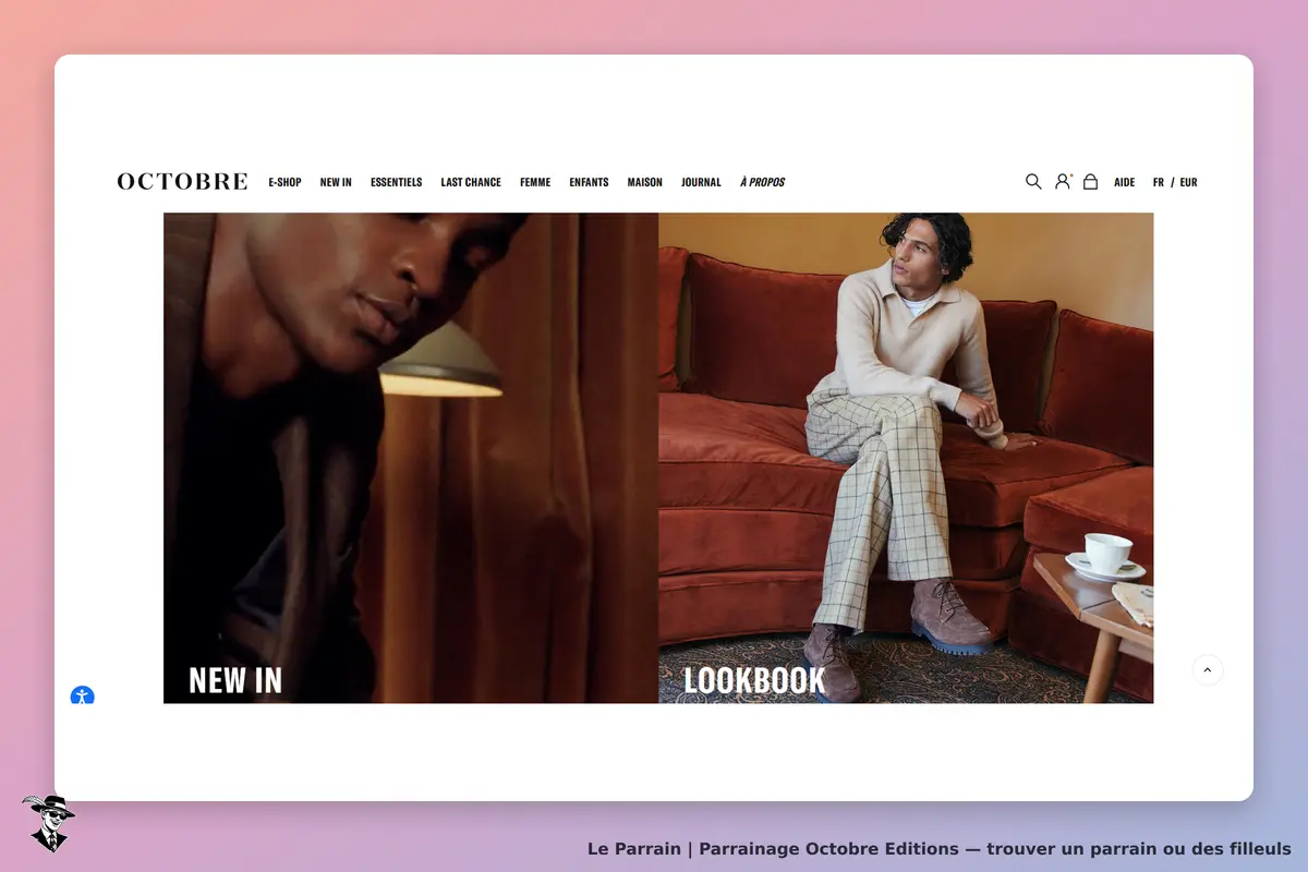 Octobre Editions : deux modèles sur fond de canapés, section "NEW IN" et "LOOKBOOK"