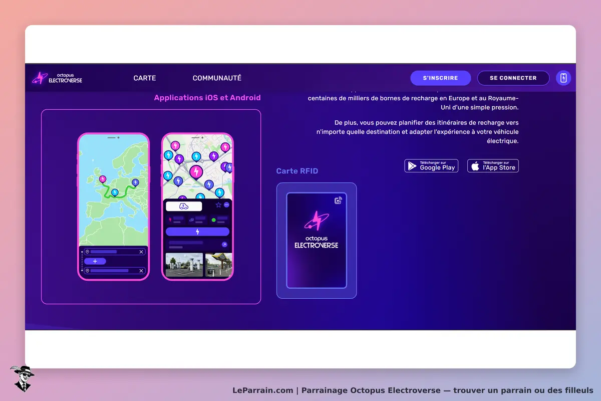 Octopus Electroverse : page d'accueil avec applications mobiles et carte RFID affichée