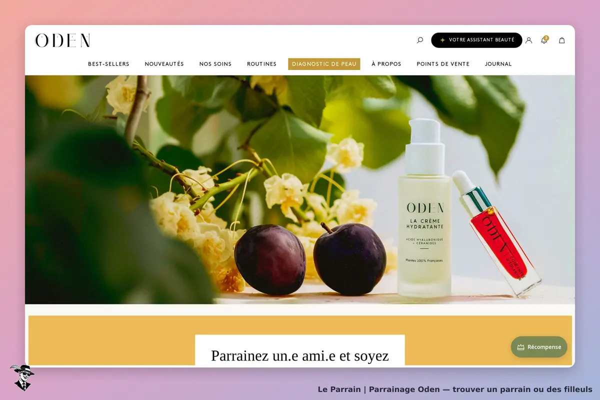 Oden : page d'accueil avec produits de soin et message de parrainage