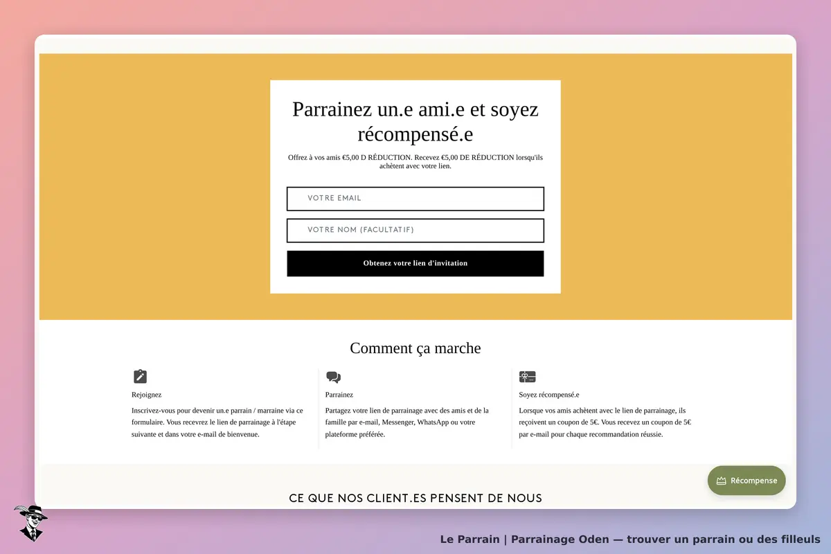 Oden : formulaire de parrainage avec champs pour email et nom, explications sur le processus