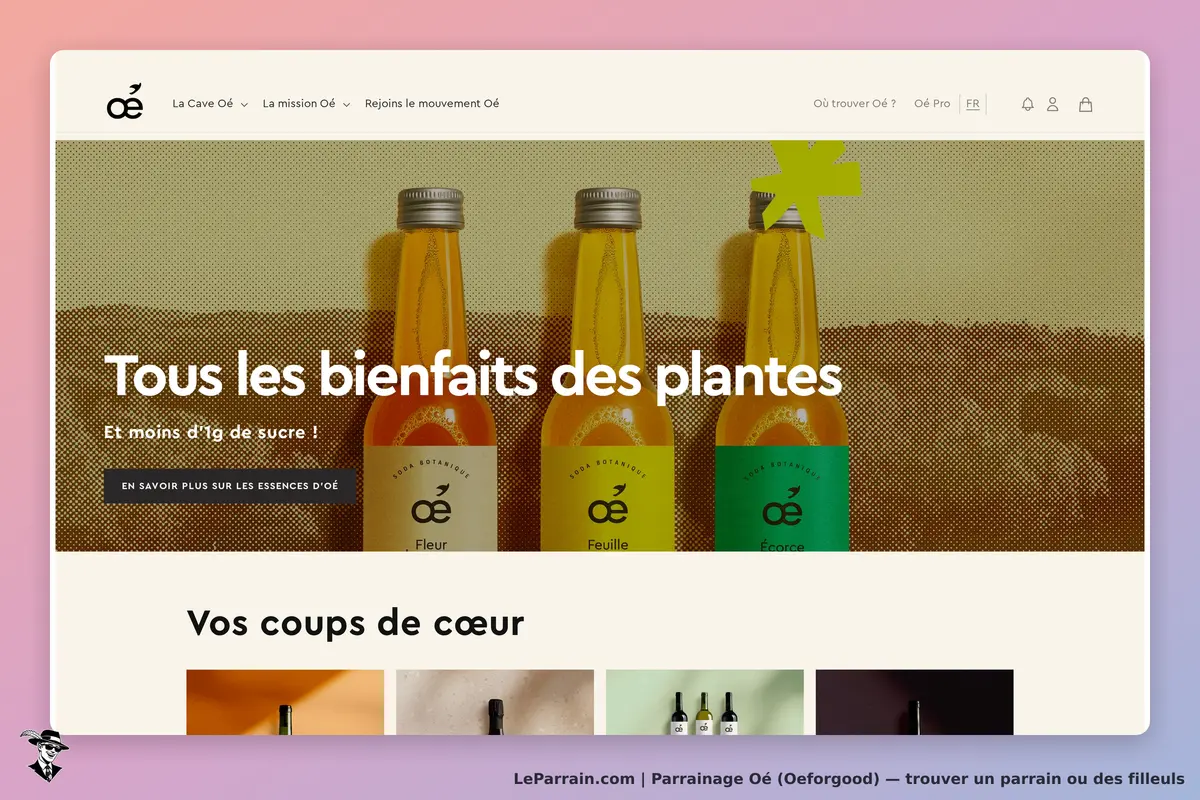 Oé (Oeforgood) : oé : page d'accueil avec des bouteilles de soda et des sections de produits en