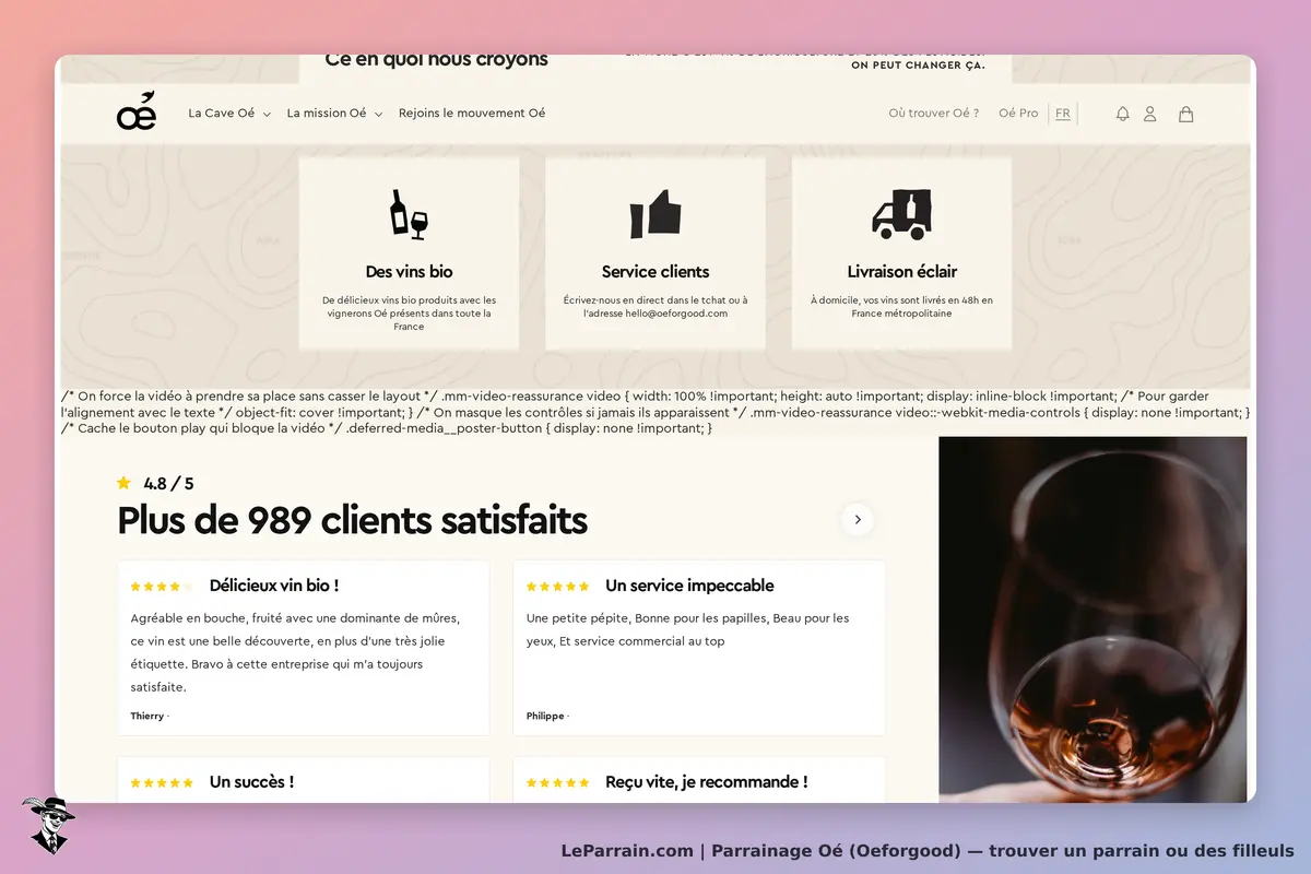 Oé (Oeforgood) : oé : page d'accueil présentant des vins bio et des avis clients avec une note de 4