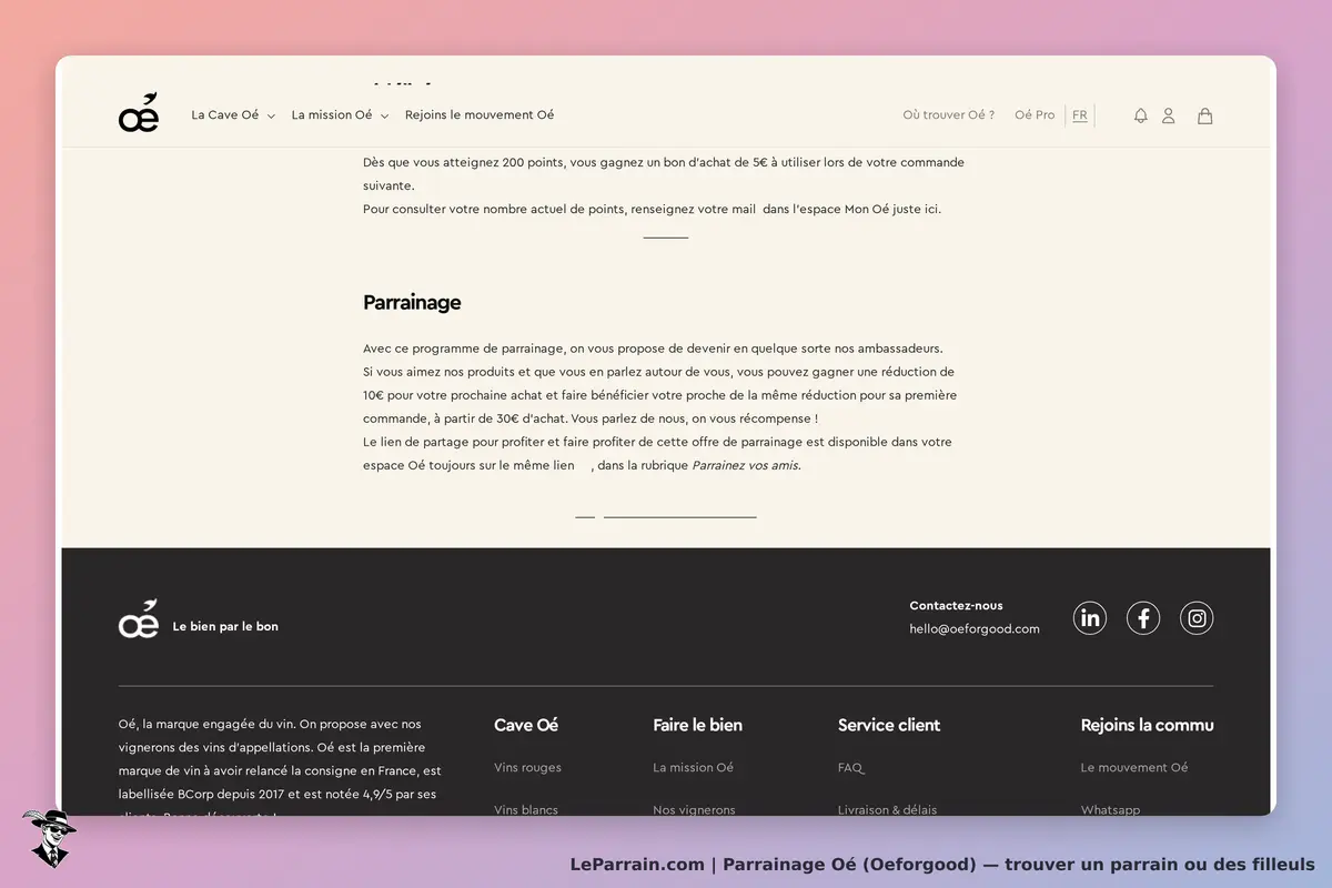 Oé (Oeforgood) : oé : section de parrainage avec explications et liens vers d'autres pages du site