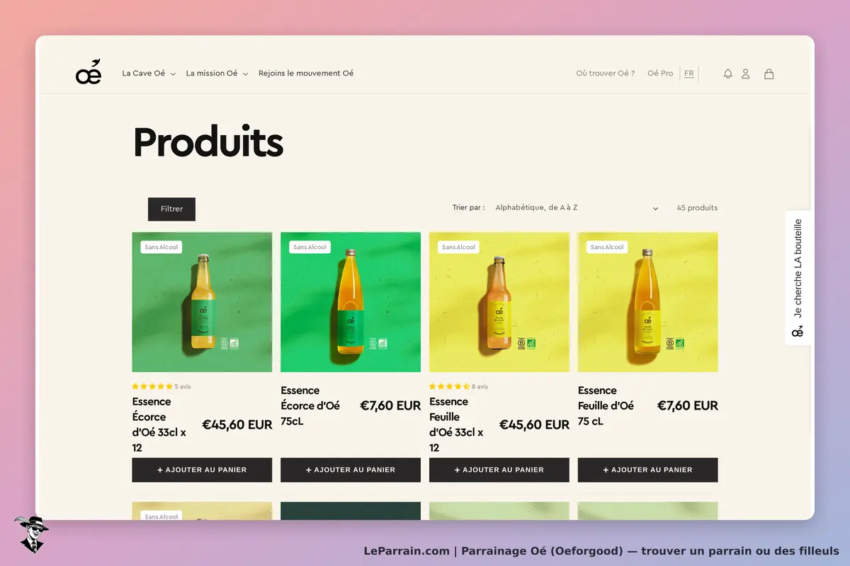 Oé (Oeforgood) : oé : page de produits avec plusieurs bouteilles et options de filtrage en haut