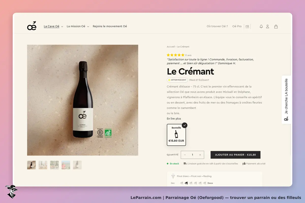 Oé (Oeforgood) : oé : page produit affichant une bouteille de Crémant avec description et options