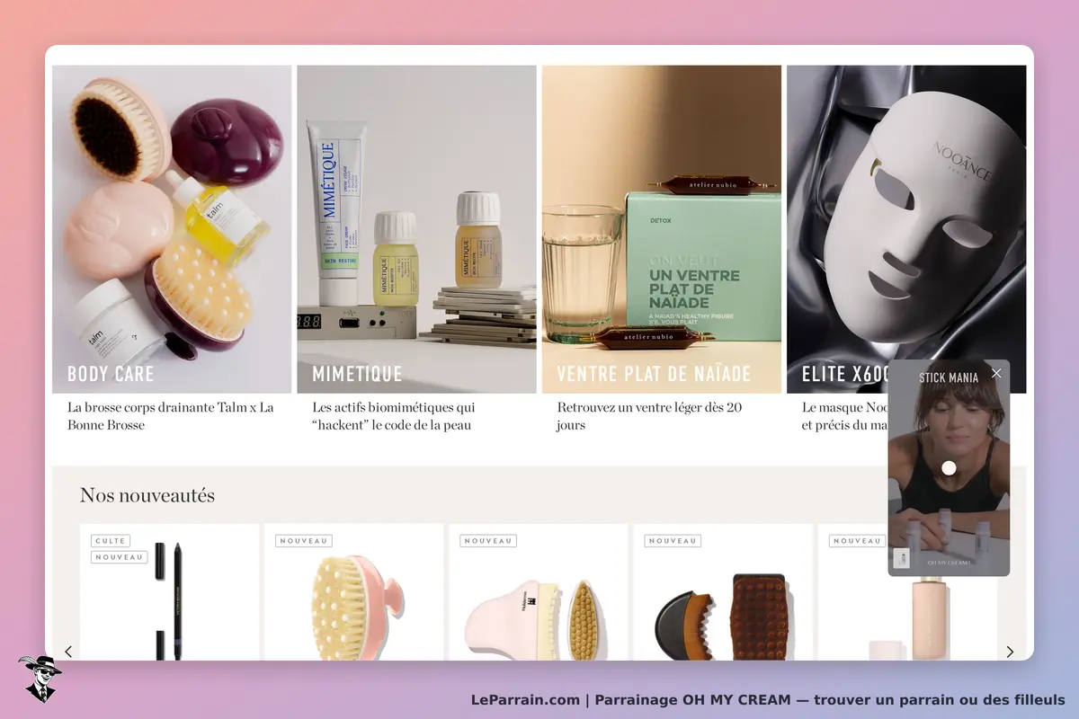 OH MY CREAM : page d'accueil avec divers produits de soin et nouveautés affichées