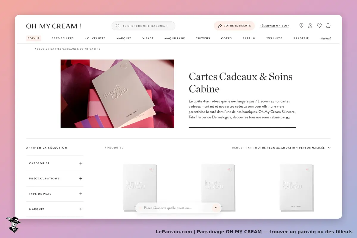 OH MY CREAM : page catégorie présentant des cartes cadeaux sur fond coloré avec produits affichés