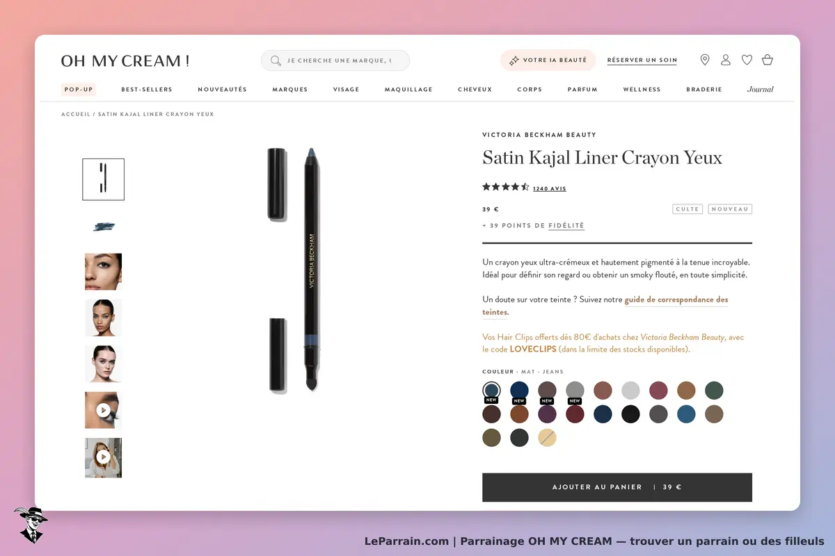 OH MY CREAM ! : page produit avec le crayon Kajal de Victoria Beckham et options de teintes