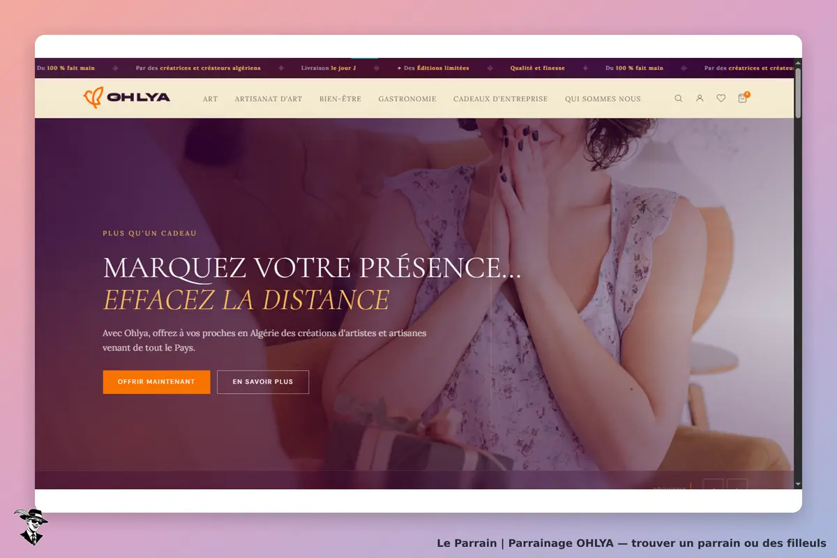 OHLYA : page d'accueil avec un message sur l'effacement de la distance et une femme en prière