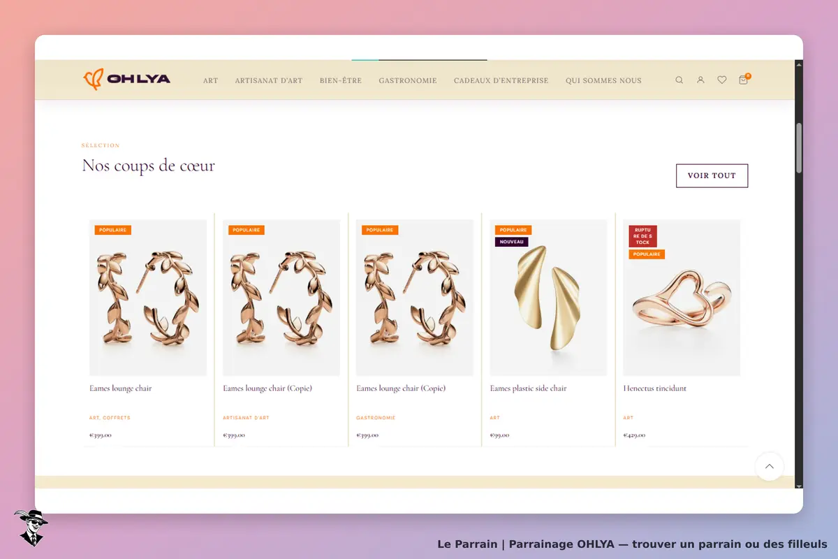 OHLYA : sélection de produits avec des bijoux et objets d'art présentés en vignettes