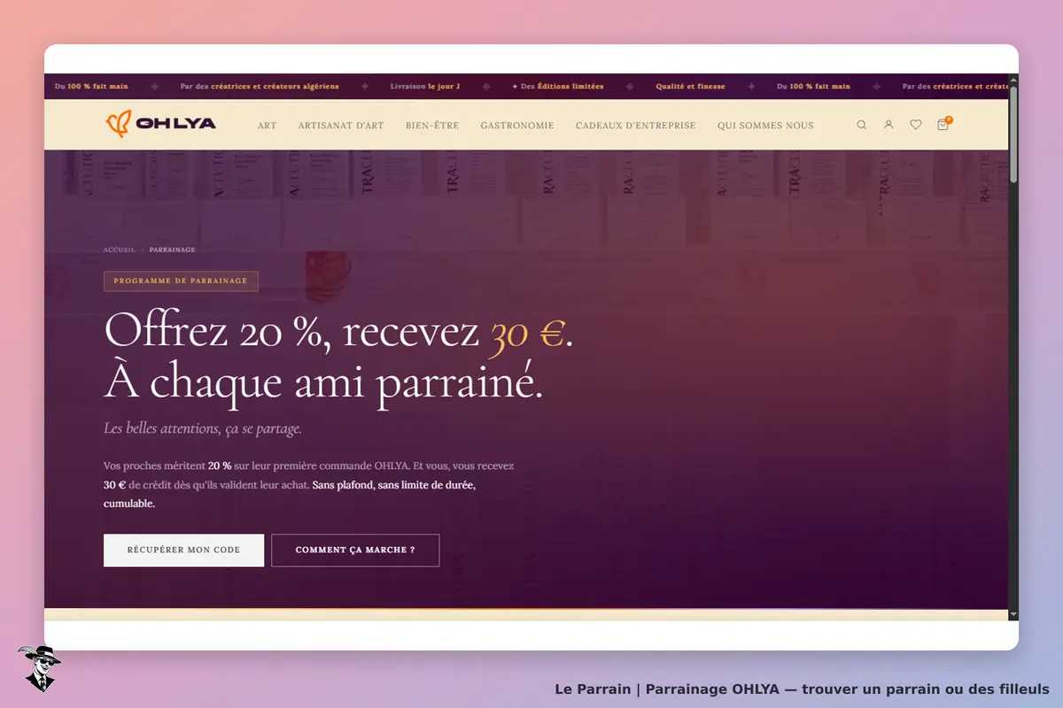 OHLYA : page d'accueil avec programme de parrainage et informations sur les offres