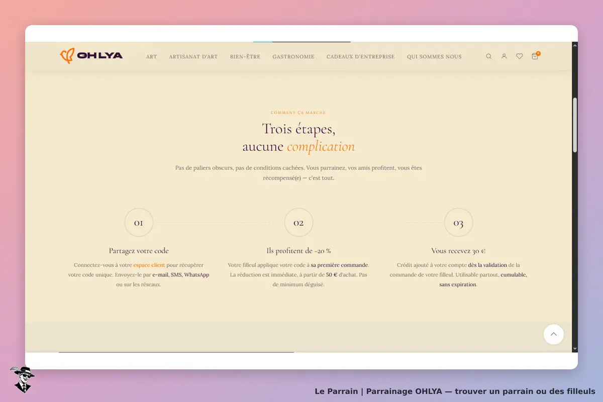 OHLYA : page expliquant le fonctionnement du parrainage en trois étapes