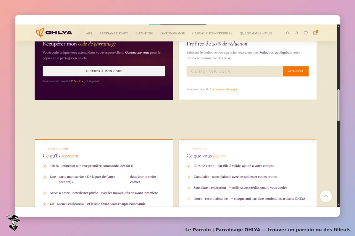 OHLYA : page d'accueil avec options de parrainage et informations sur les avantages pour les amis