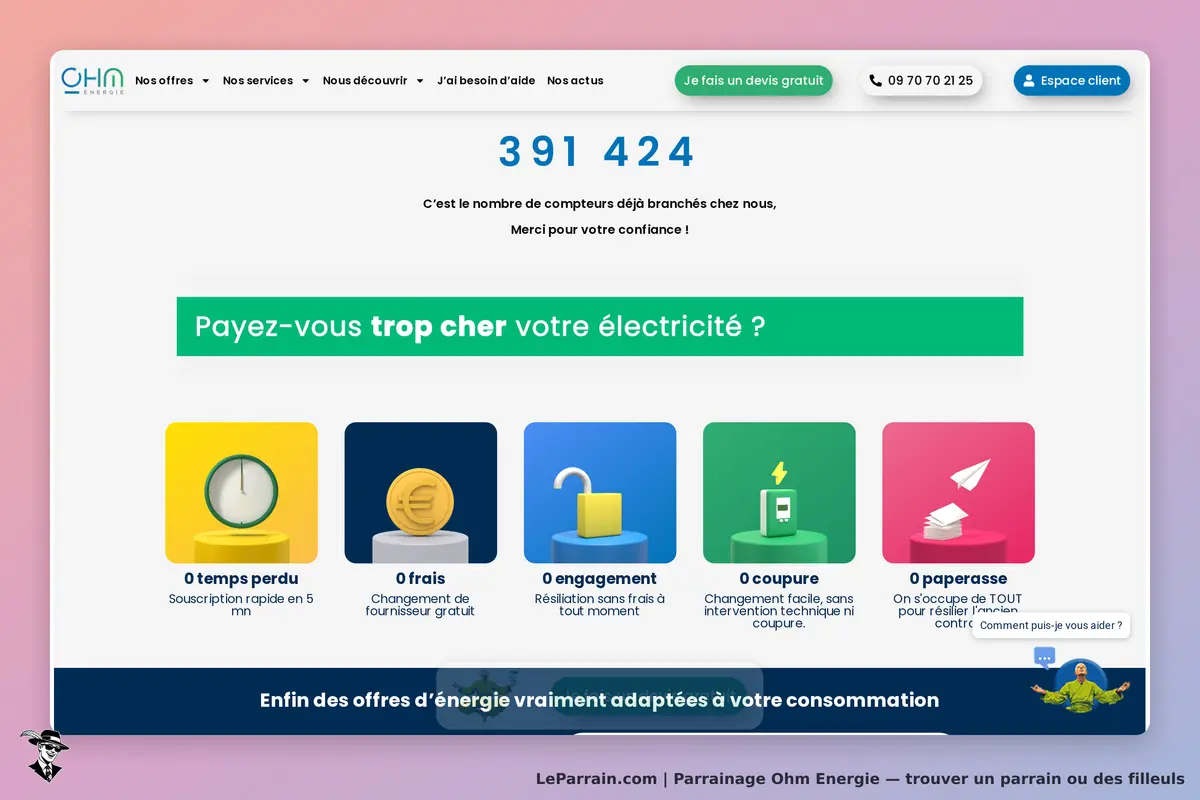 Page d'accueil Ohm Energie avec offres et services d'électricité adaptés aux consommateurs.