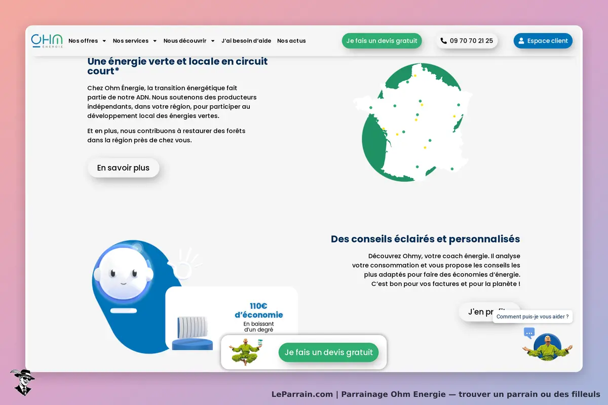Page d'accueil Ohm Énergie, énergie verte locale et conseils personnalisés pour économies.