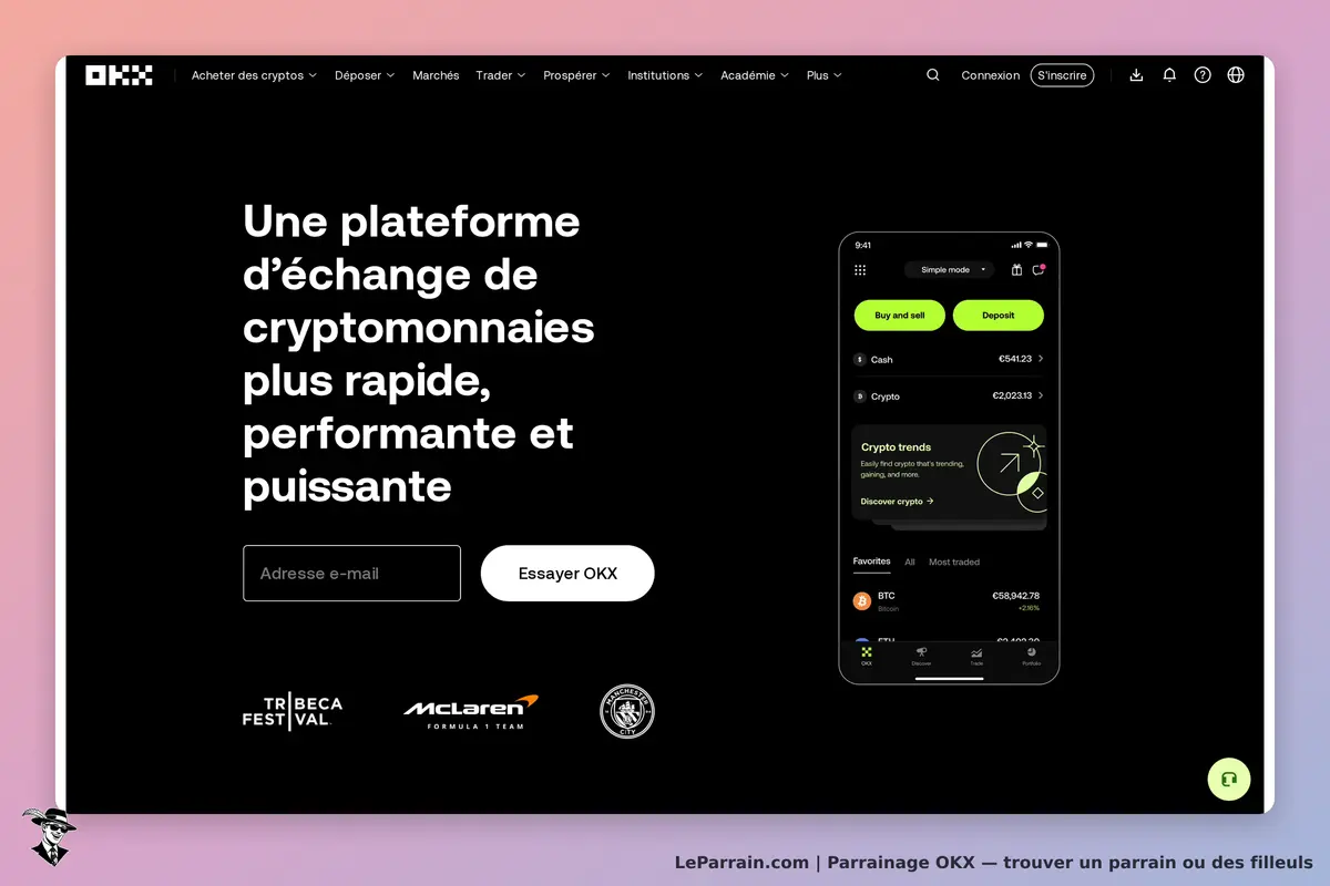 OKX : page d'accueil présentant une plateforme d'échange de cryptomonnaies et un smartphone