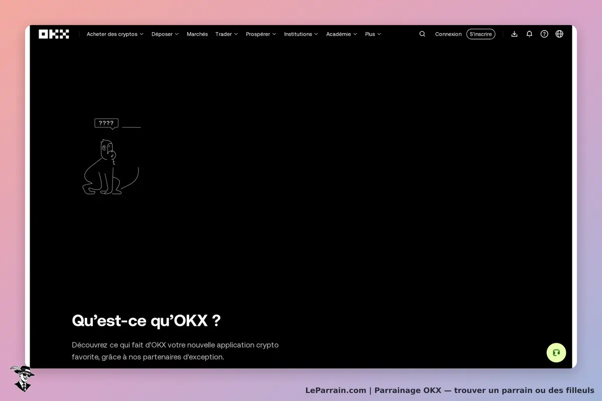 OKX : page d'accueil présentant un chien dessiné et une question sur l'application crypto