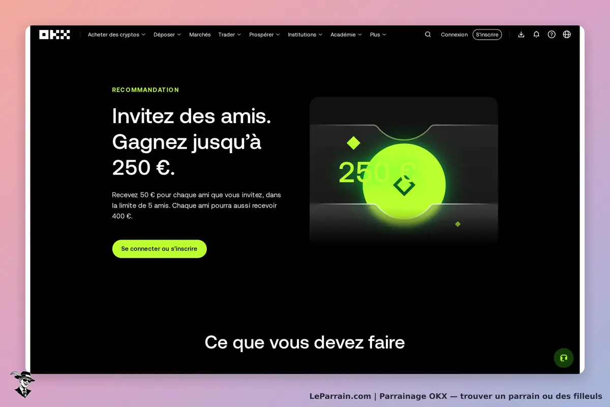 OKX : page d'accueil avec recommandation pour inviter des amis et gagner des récompenses