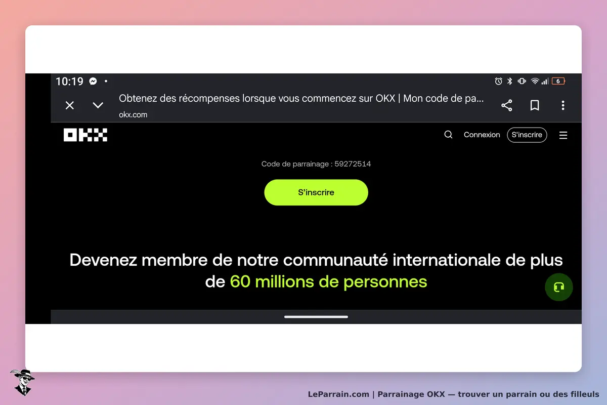 OKX : page d'accueil avec invitation à s'inscrire et code de parrainage affiché