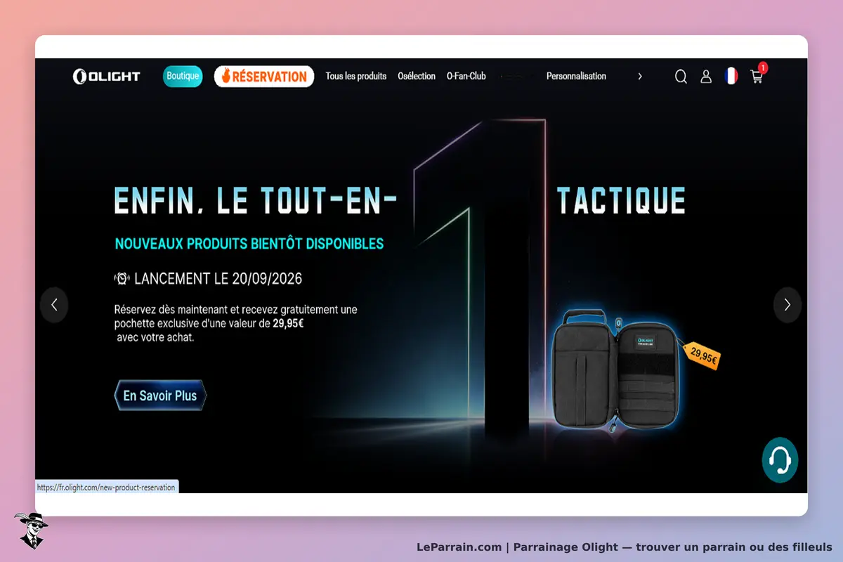 Olight : page d'accueil annonçant de nouveaux produits à venir avec une image de pochette