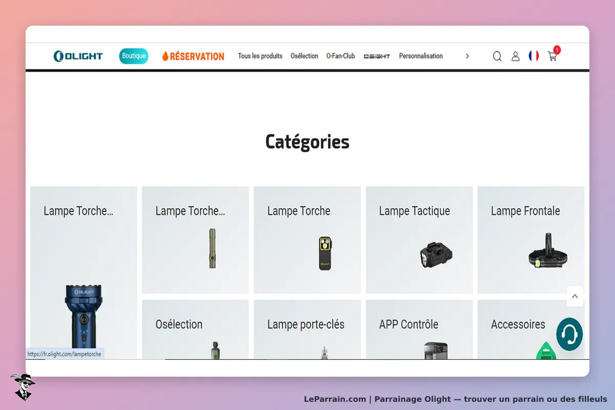 Olight : catégories de produits avec images de lampes et d'accessoires divers