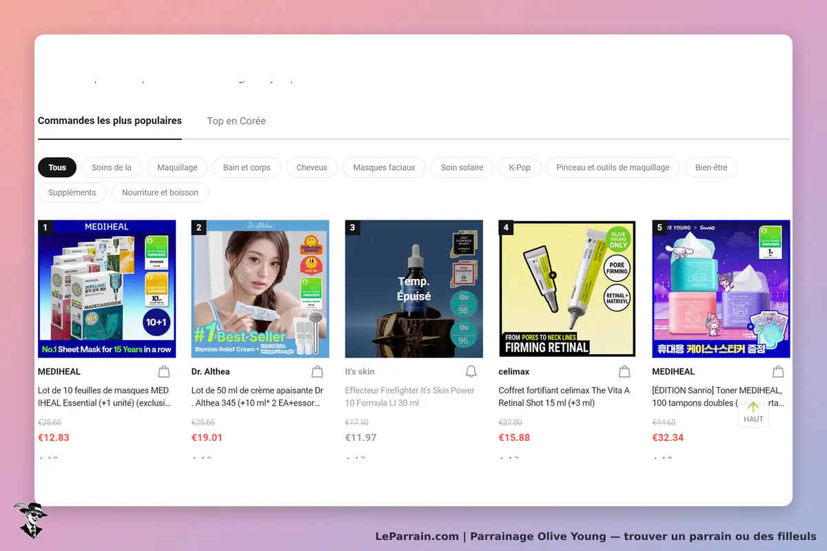 Olive Young : affichage des produits les plus populaires avec images et descriptions