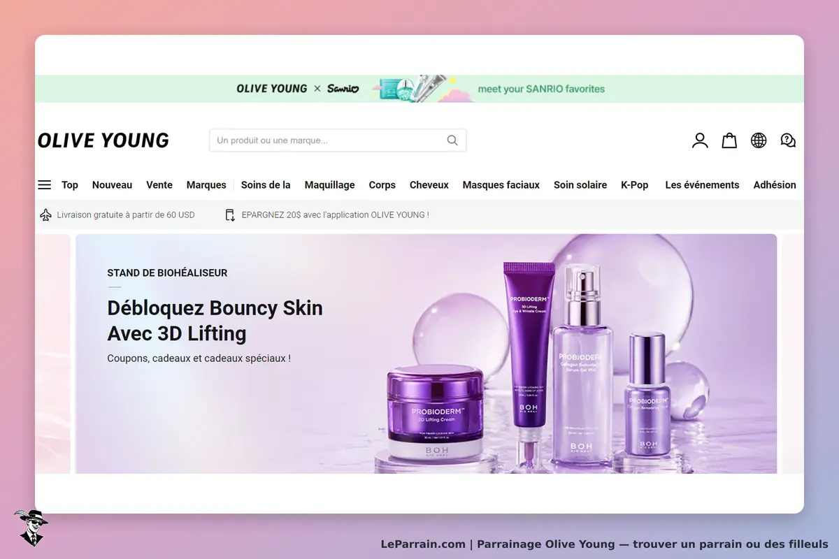 Olive Young : page d'accueil avec produits de soins de la peau en teintes violettes