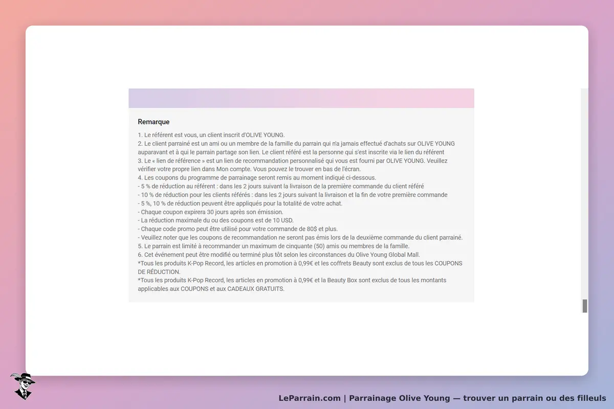 Olive Young : texte explicatif sur le programme de parrainage et les conditions associées