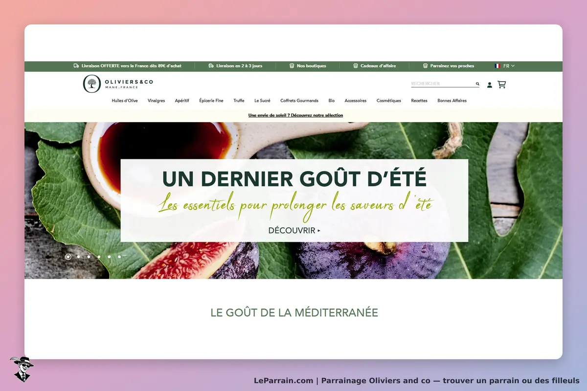 Oliviers and co : page d'accueil avec un visuel de produits et un message sur les saveurs d'été