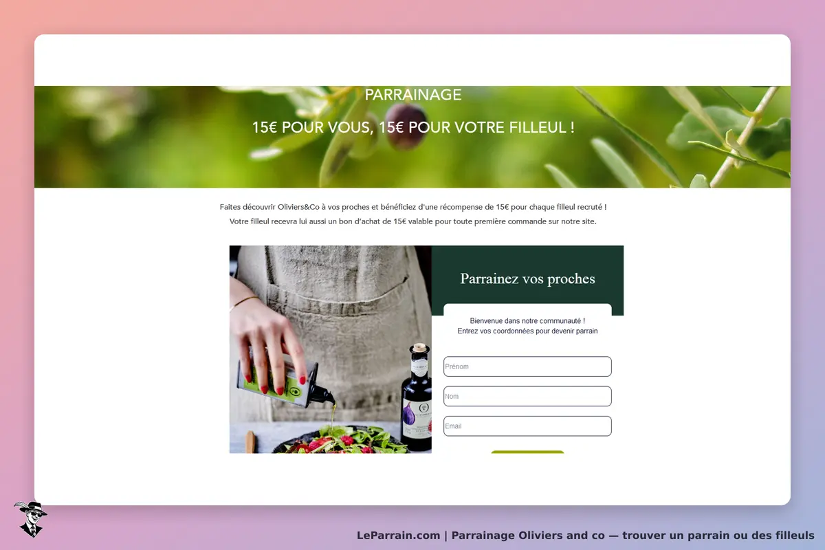 Oliviers and co : page de parrainage avec un formulaire et une image d'une main versant de l'huile