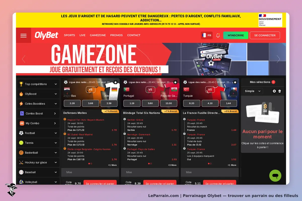 OlyBet : page d'accueil avec sections de paris sportifs et promotions en cours
