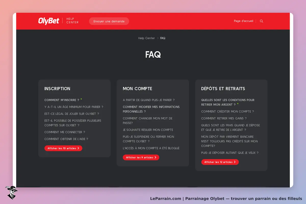 Olybet : page d'accueil du centre d'aide avec FAQ sur l'inscription et les comptes