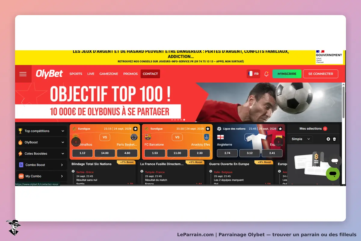 OlyBet : page d'accueil avec événements sportifs, promotions et options de paris affichées