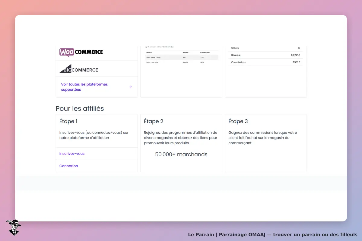 OMAAJ : page d'accueil avec étapes pour les affiliés et logos de WooCommerce et BigCommerce