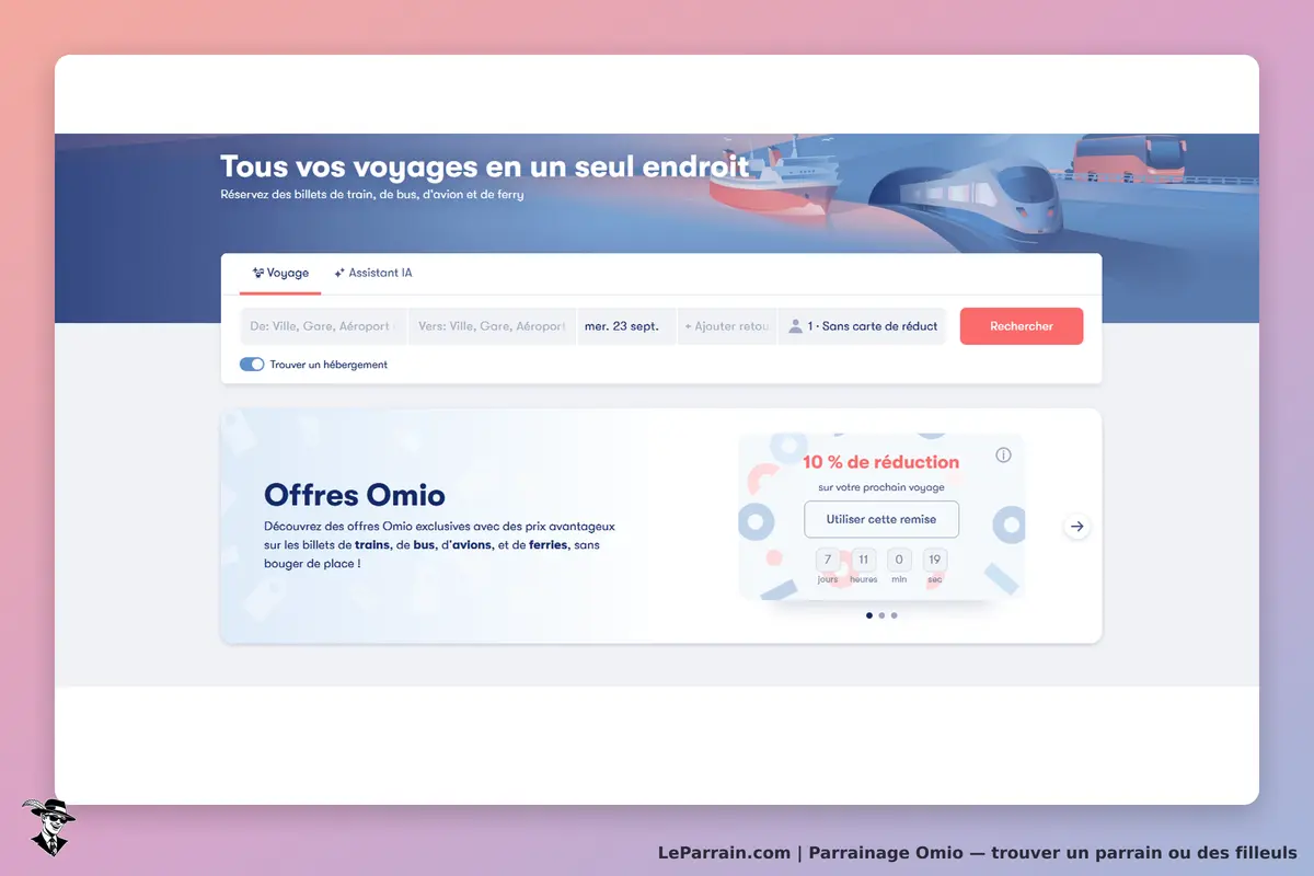 Omio : page d'accueil avec formulaire de recherche et offres promotionnelles affichées