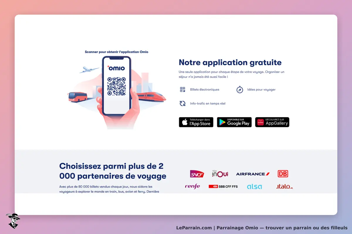 Omio : écran présentant l'application avec QR code et logos de partenaires de voyage